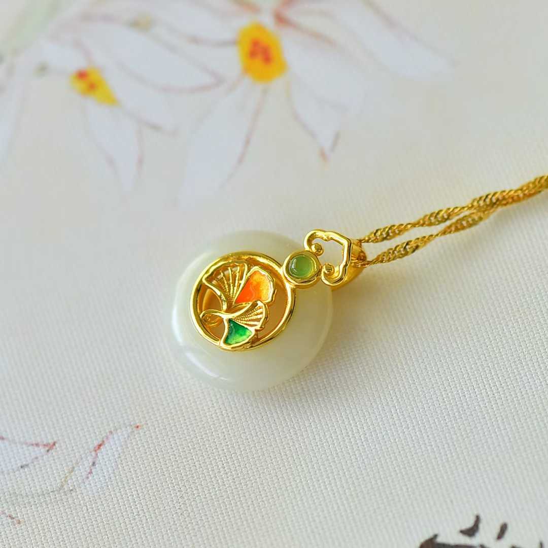 S925 Silver Inlaid Hetian Nephrite "Three Lifetimes of Apricot Blessings" Peace Buckle Pendant