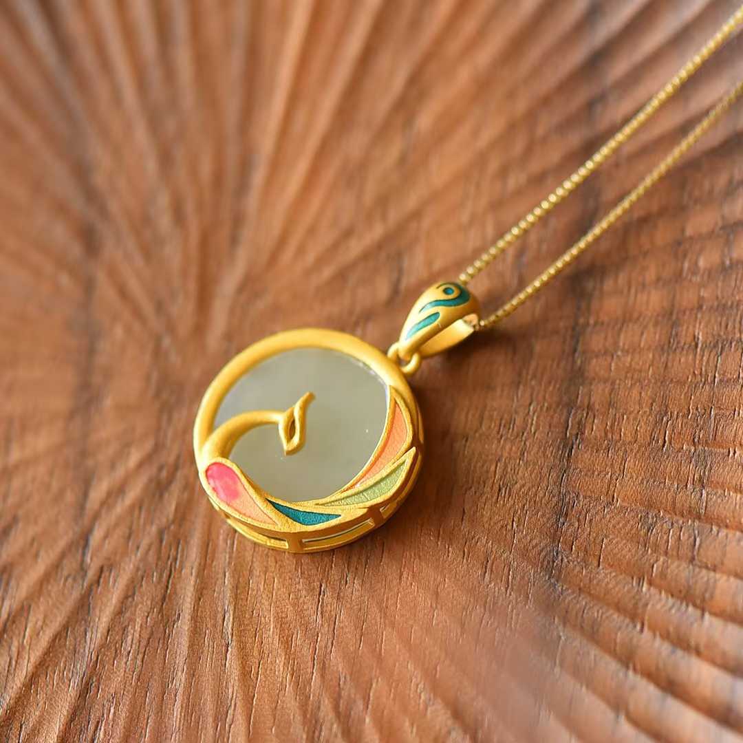 925 Silver Inlaid Nephrite "Phoenix Looking Back" Pendant