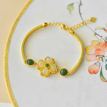 925 Silver Inlaid Hetian Nephrite "Luck Arrives" Four-Leaf Clover Bracelet