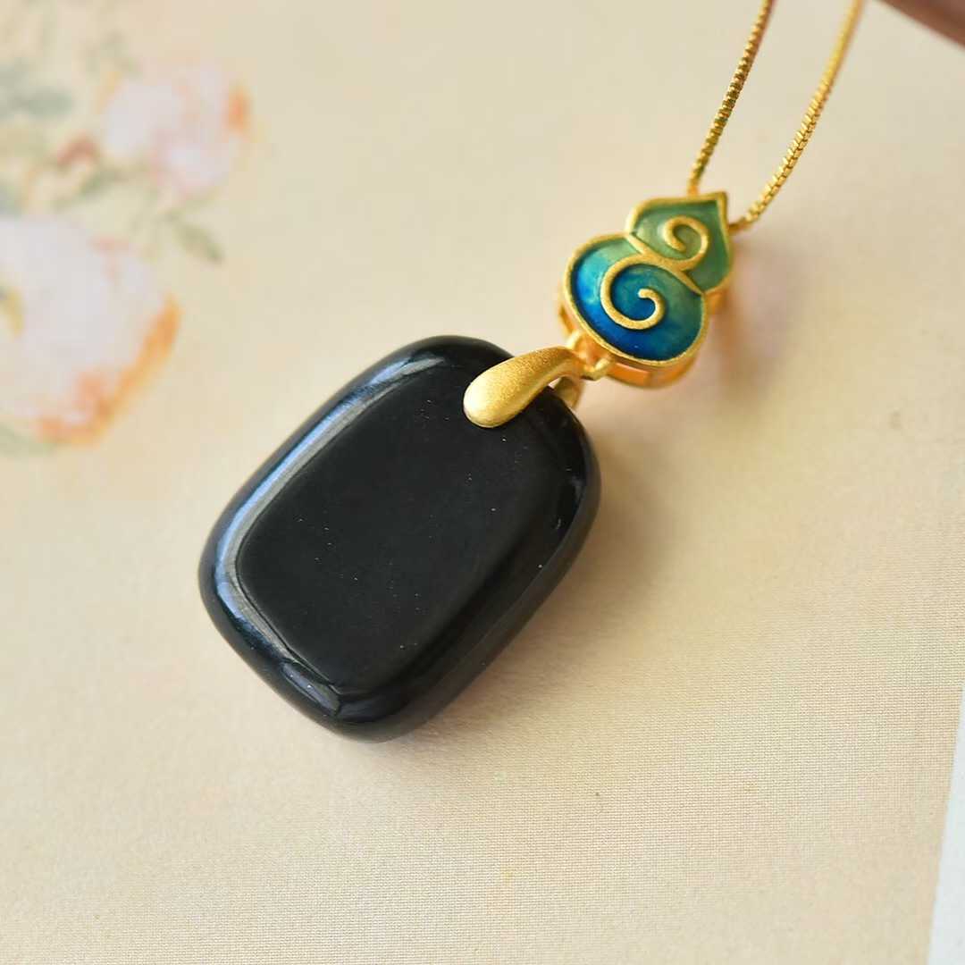 Vintage-Style Silver Inlaid Nephrite Black Jade Ping'an Plaque Pendant