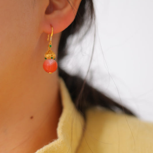 Natural Baoshan Nanhong Agate Gourd Earrings