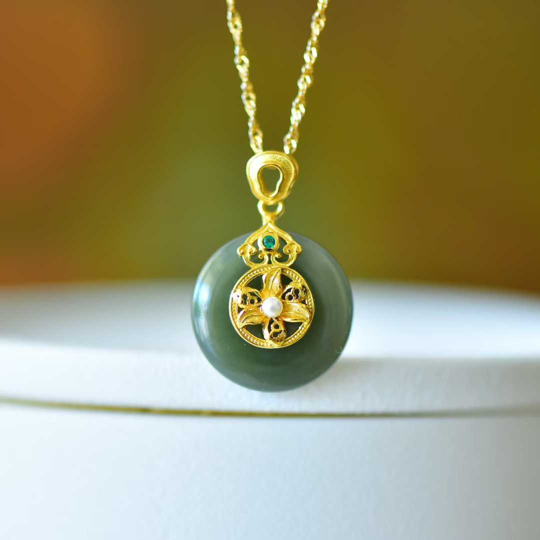 925 Silver Inlaid Hetian Nephrite "Peace Buckle & Lily" Pendant