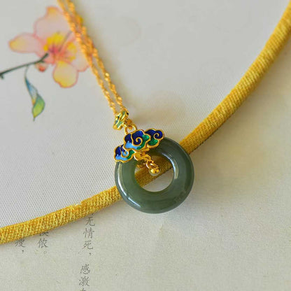 925 Silver Inlaid Hetian Nephrite "Sunny Water Variety & Auspicious Clouds Peace Ring" Pendant