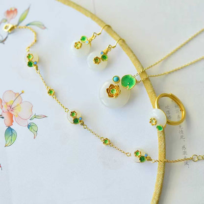 S925 Silver Inlaid Hetian Nephrite "Lotus Steps" Jewelry Set