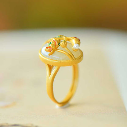 925 Silver Inlaid White Hetian Nephrite "Goldfish & Continuous Years" Auspicious Ring