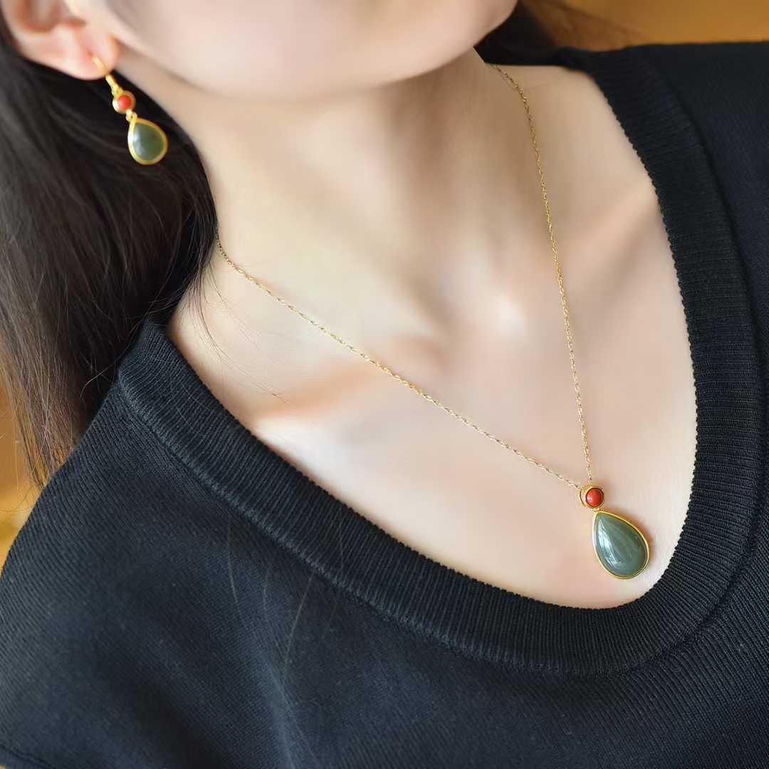 Premium water drop Hetian jade and cinnabar jewelry set - contemporary elegance