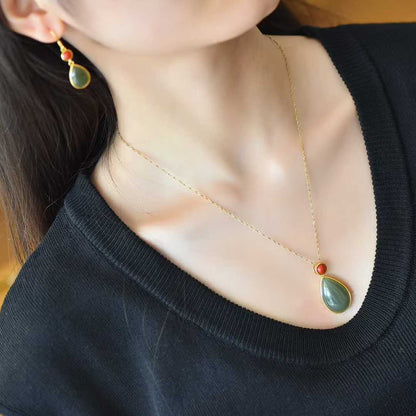 Premium water drop Hetian jade and cinnabar jewelry set - contemporary elegance