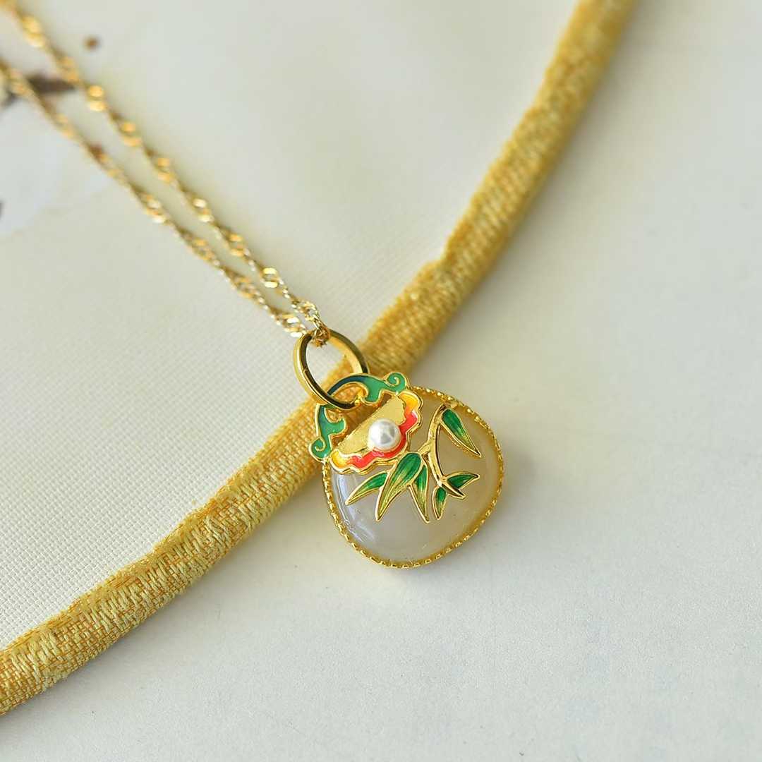 925 Silver Inlaid Nephrite "Bamboo Reports Safety" Bag Charm