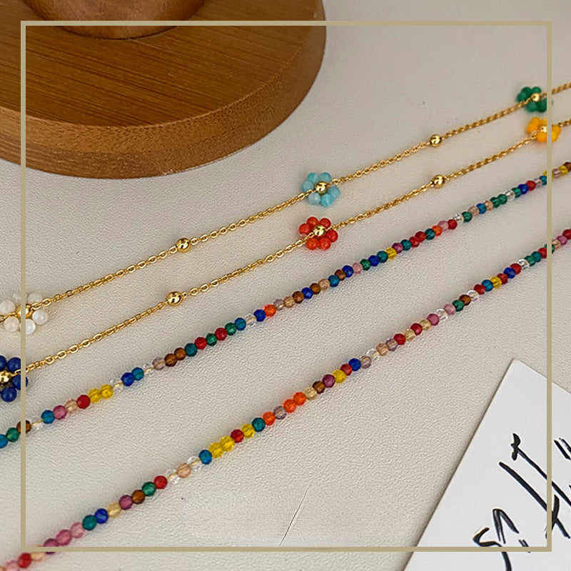 High-grade colorful zircon beaded flower stacking necklace - jewelryweilin