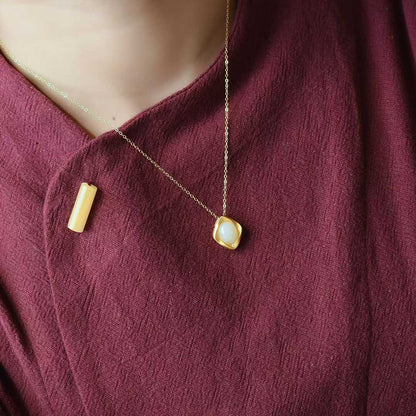 925 Silver Inlaid Hetian Nephrite "Thick Matte Gold & Small Ruyi" Pendant