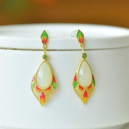 925 Silver Inlaid Nephrite "Graceful Lady by Autumn Waters" Teardrop Stud Earrings