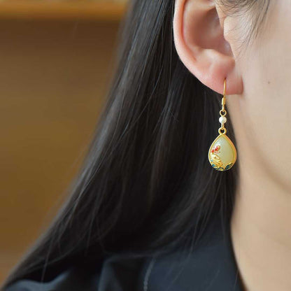 925 Silver Inlaid Nephrite "Koi Fish Coming Ashore" Teardrop Earrings