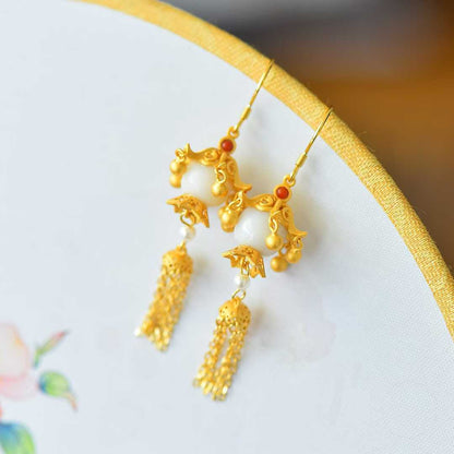 925 Silver Inlaid Hetian Nephrite Fine-Material Old-Style Bead "Thousands of Lit Households" Tassel Earrings