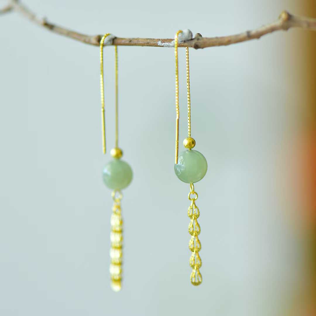 925 Silver Inlaid Hetian Qingshui Jade 8mm Full-Drilled Bead Phoenix Tail Plain Silver Earrings