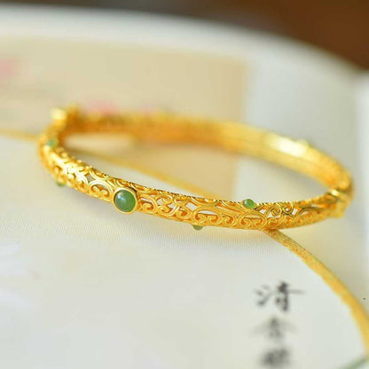 925 Silver Inlaid Hetian Jadeite (Jasper) "Cabochon & All Wishes Come True" Hollowed-Out Bracelet