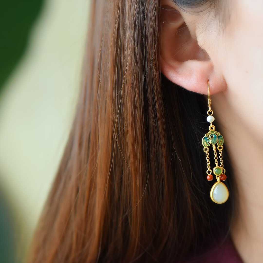 925 Silver Inlaid Hetian Jade Teardrop Earrings
