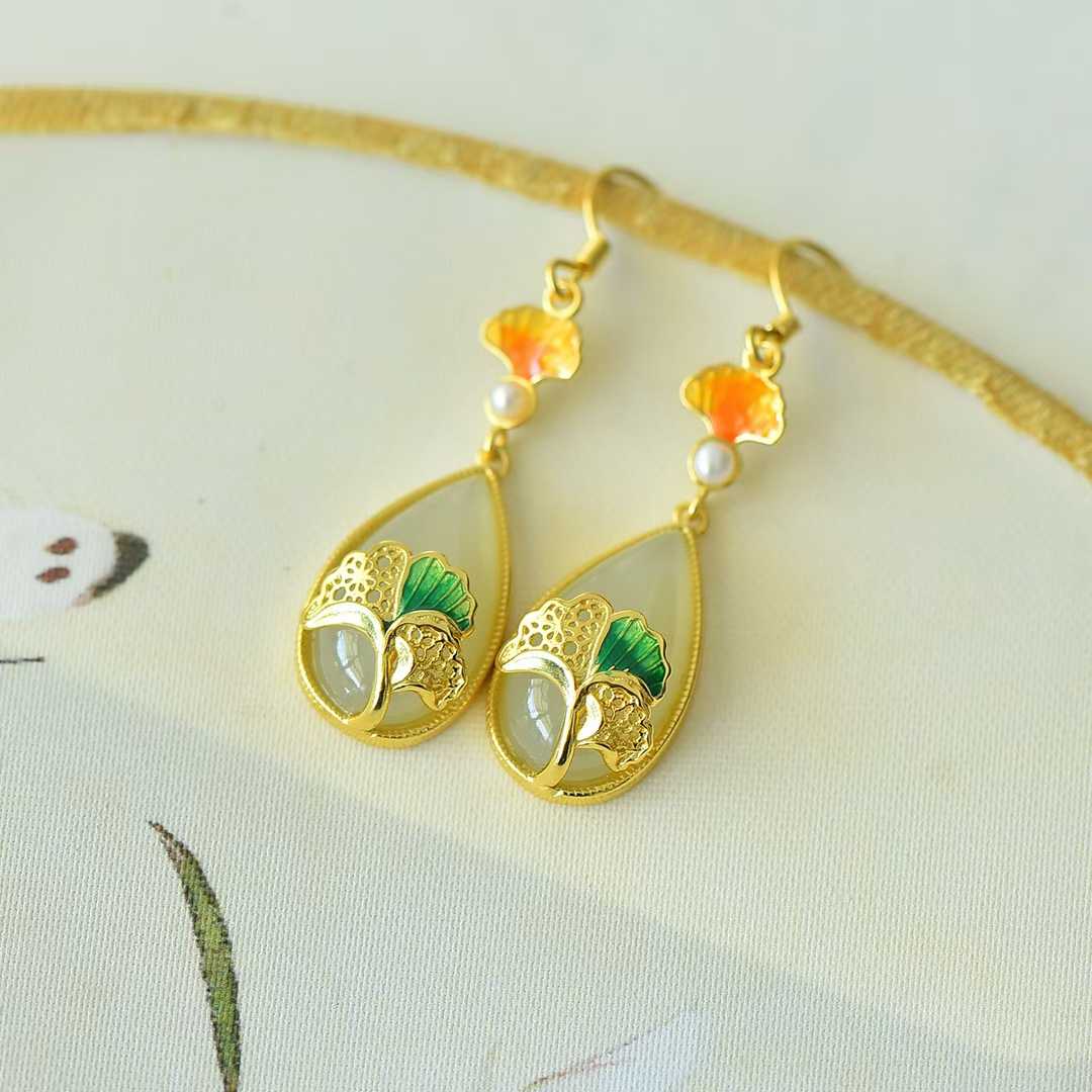 925 Silver Inlaid Nephrite "Destiny in Apricots" Teardrop Earrings