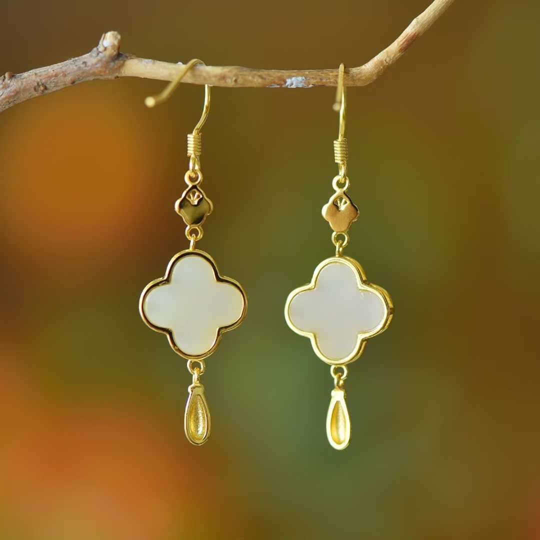 925 Silver Inlaid Hetian Nephrite "Four-Leaf Clover & Plum Blossom" Earrings