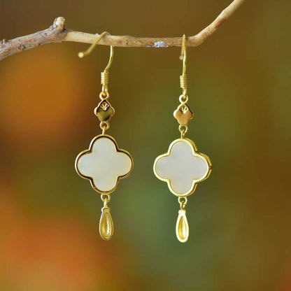 925 Silver Inlaid Hetian Nephrite "Four-Leaf Clover & Plum Blossom" Earrings