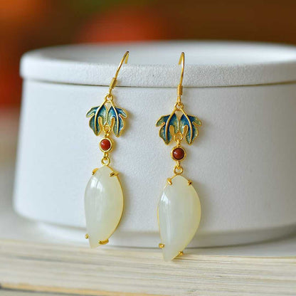925 Silver Inlaid White Hetian Nephrite "Great Achievement" Willow Leaf Dangle Earrings