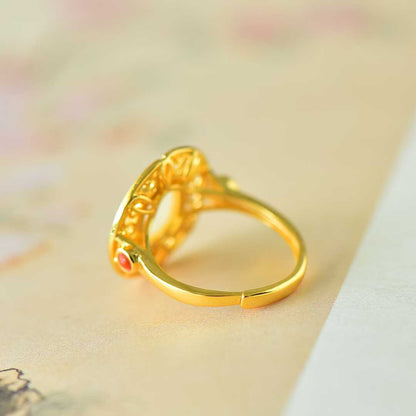 925 Silver Inlaid Hetian Nephrite "Longevity Vine" Ring