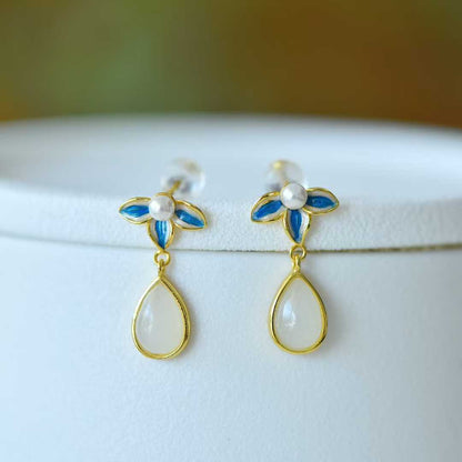 925 Silver Inlaid Hetian Nephrite "Water Drop, Orchid & Enamel" Earrings