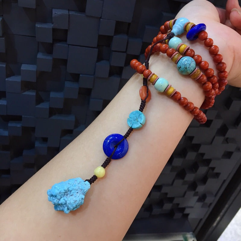 Collar de 108 perlas rojas de estilo chino