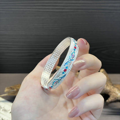 Heart Sutra Ancient Enamel Phoenix Feather Sterling Silver Bracelet