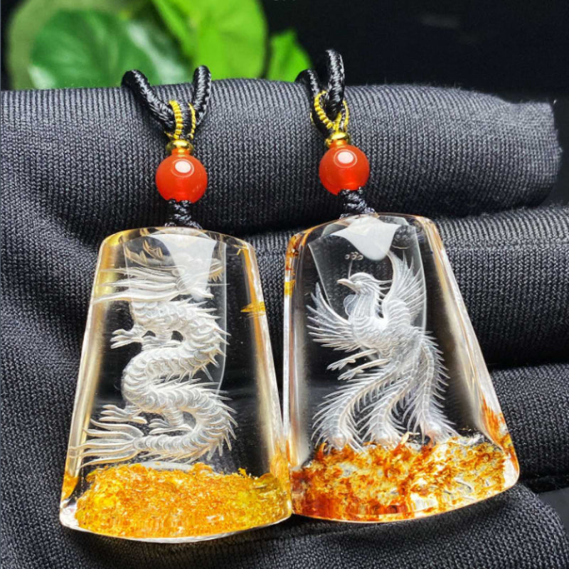 Natural Yellow Amber "Wu Shi Pai" Inner-Carved Dragon & Phoenix Pendant