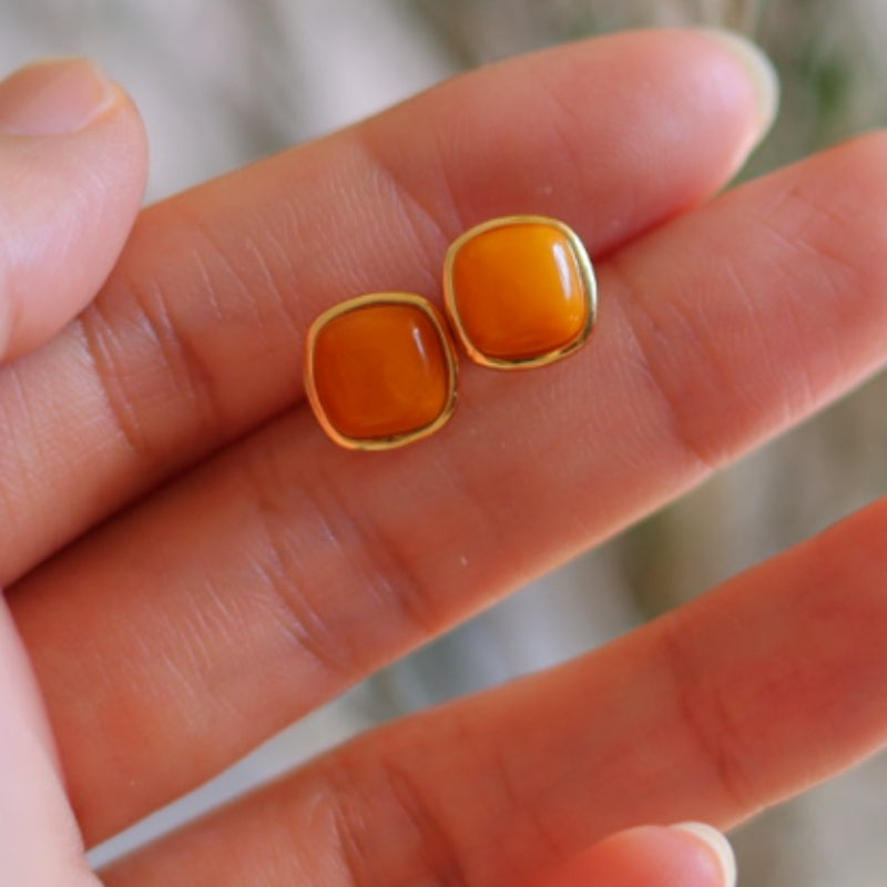 Natural Amber Square Stud Earrings