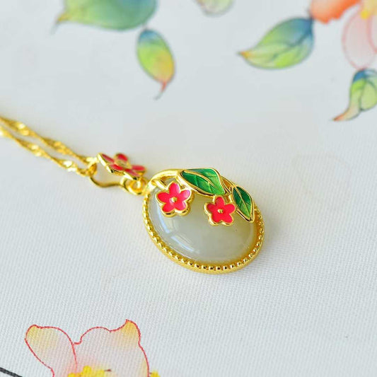 925 Silver Inlaid Nephrite "Blooms in Mid-Summer" Pendant