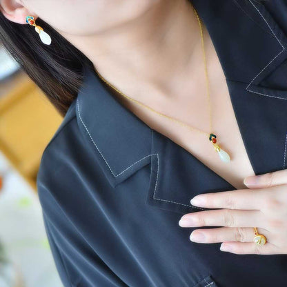 Traditional Chinese style Hetian jade and S925 silver tassel jewelry set with auspicious clouds