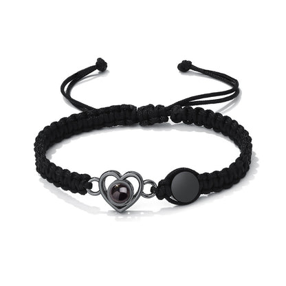 Color photo projection heart engraved braided rope bracelet