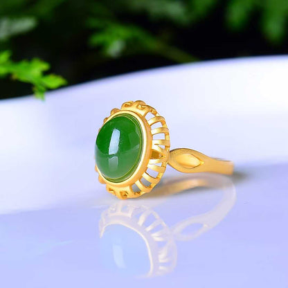 925 Silver Inlaid Enamel and Hetian Jade Cabochon Ring