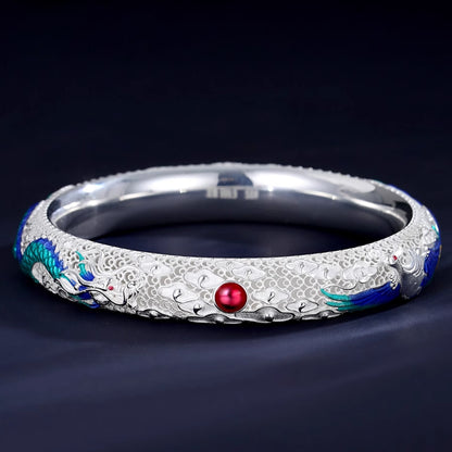 Chinese style enamel dragon and phoenix auspicious hollow filigree closed bracelet