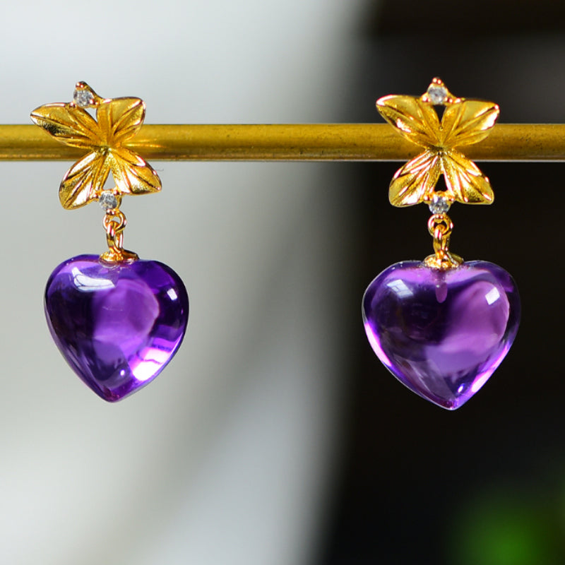 Natural Brazilian Amethyst Heart Earrings