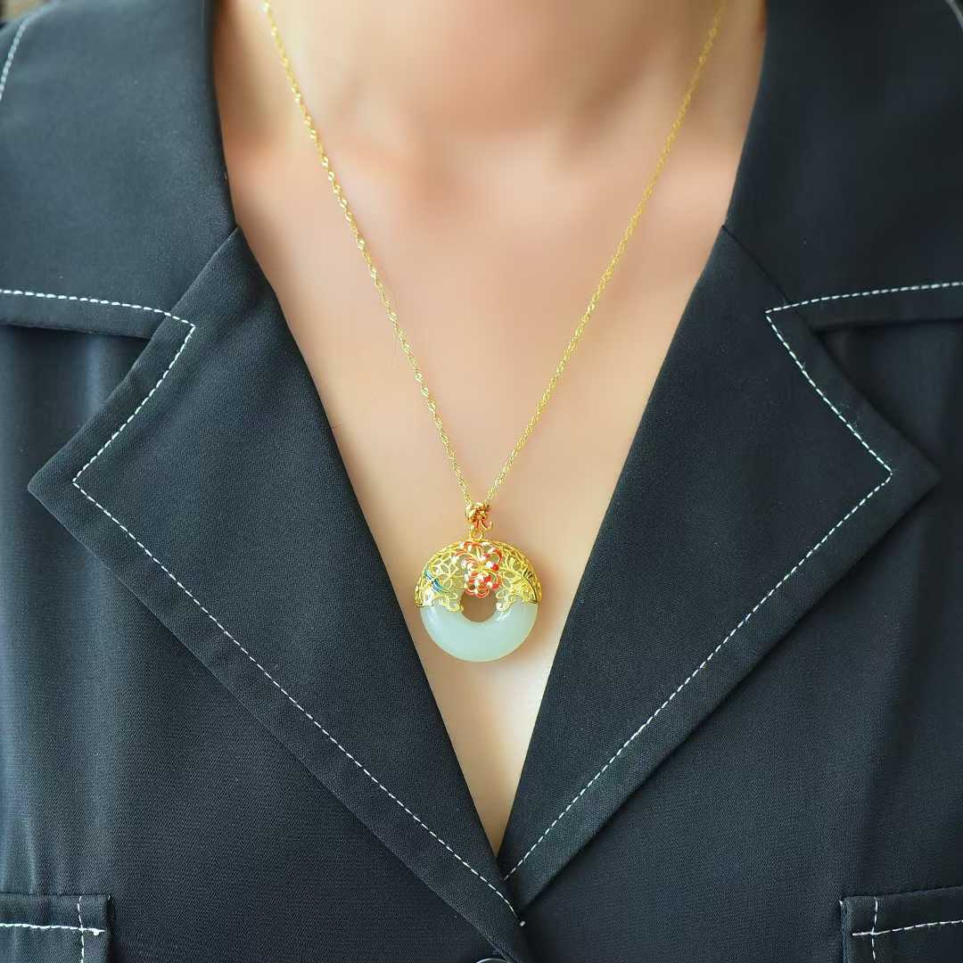 925 Silver Inlaid Nephrite "Peony Filigree Peace Ring" Pendant