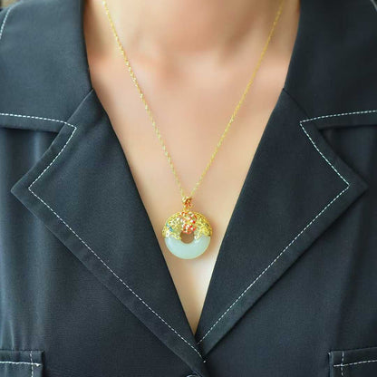 925 Silver Inlaid Nephrite "Peony Filigree Peace Ring" Pendant