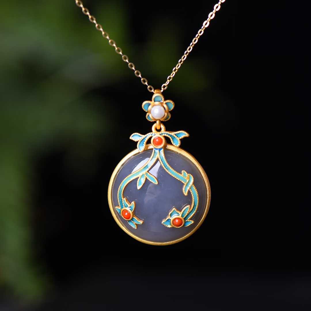 Vintage-style silver inlaid Hetian jade set featuring artisan matte gold coating