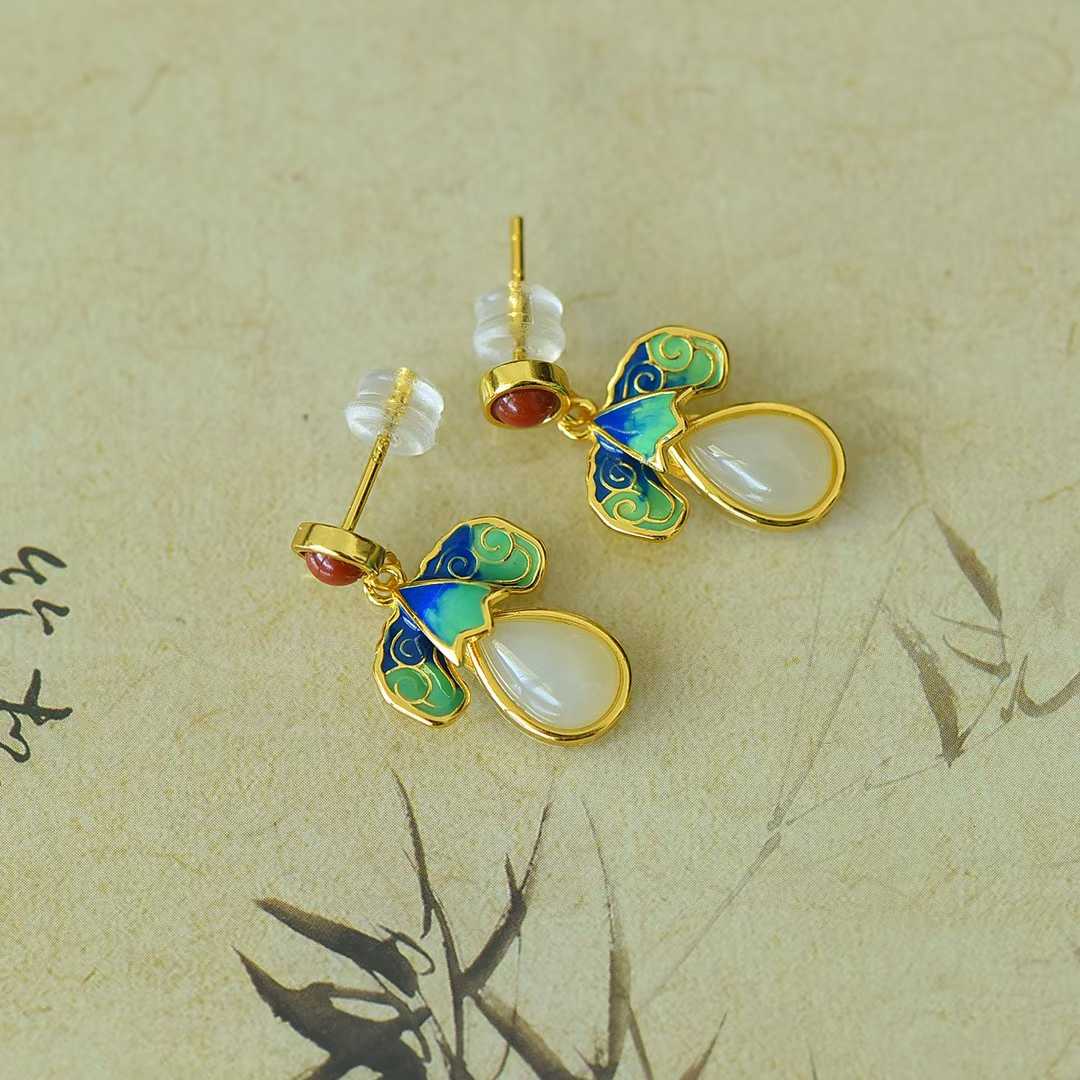 925 Silver Inlaid Nephrite "Blessings Before Eyes" Teardrop Enamel Earrings