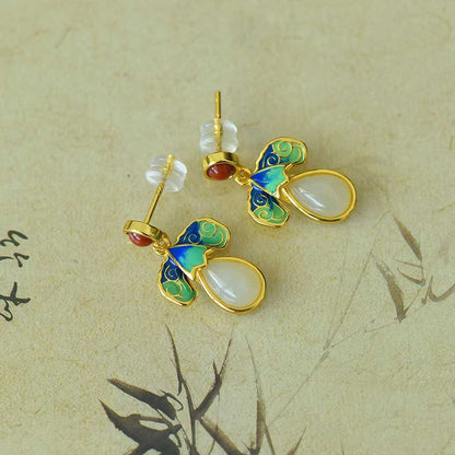 925 Silver Inlaid Nephrite "Blessings Before Eyes" Teardrop Enamel Earrings