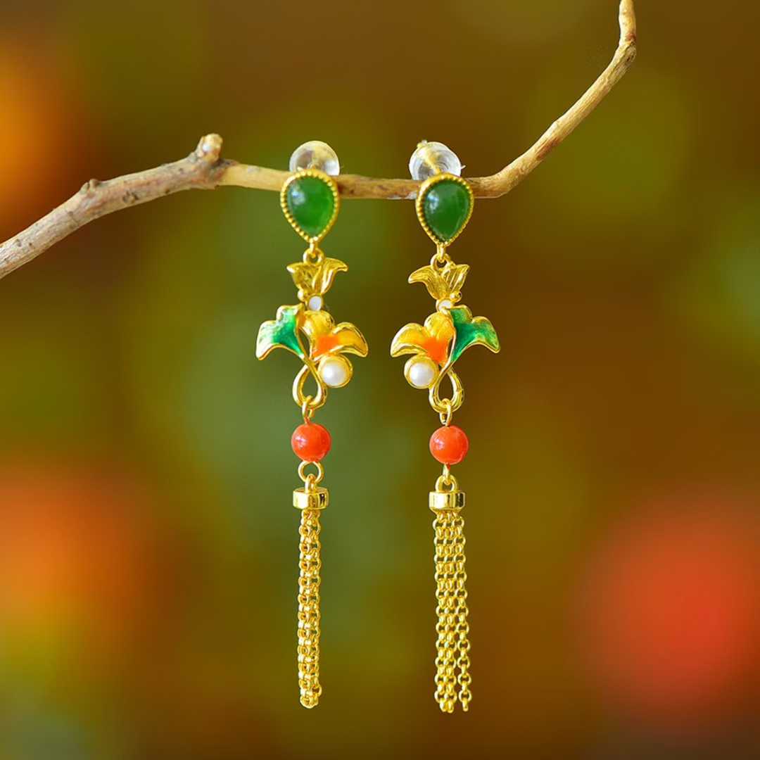 925 Silver Inlaid Hetian Nephrite "Apricot Leaf & Tassel" Earrings