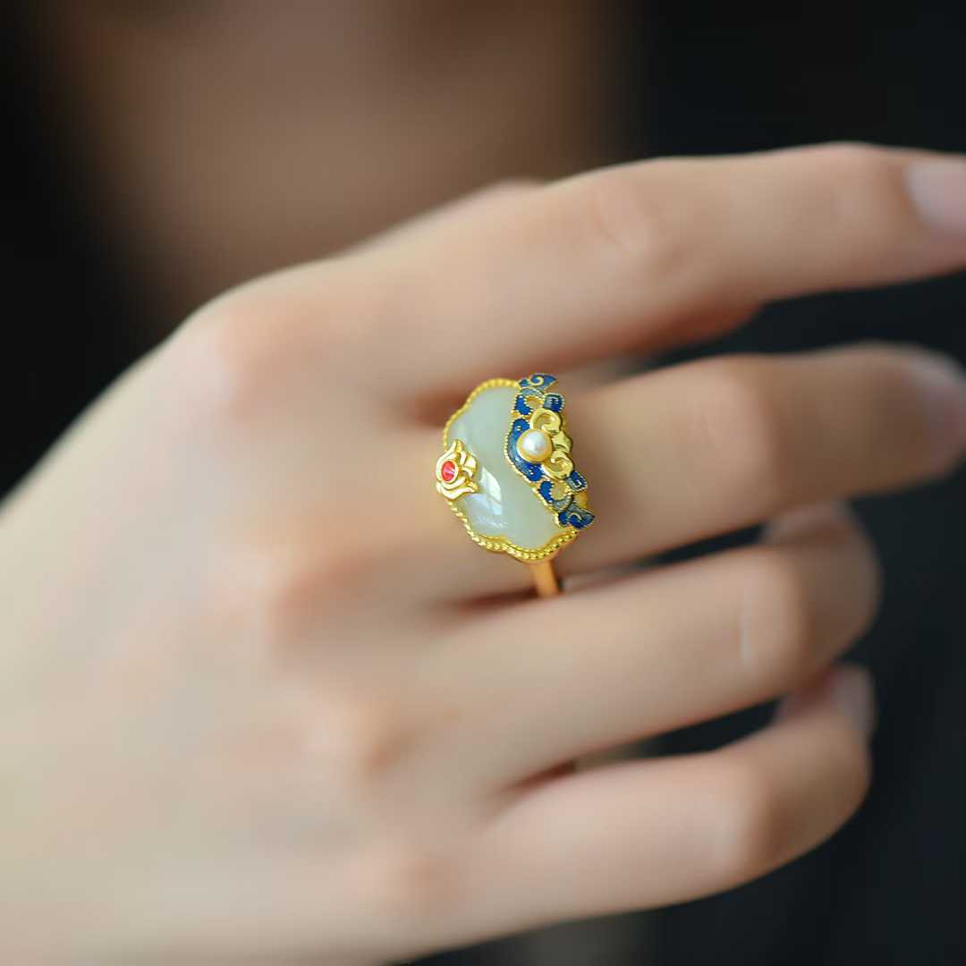 925 Silver Inlaid Blue Enamel & White Hetian Nephrite "Peace & Prosperity" Ring