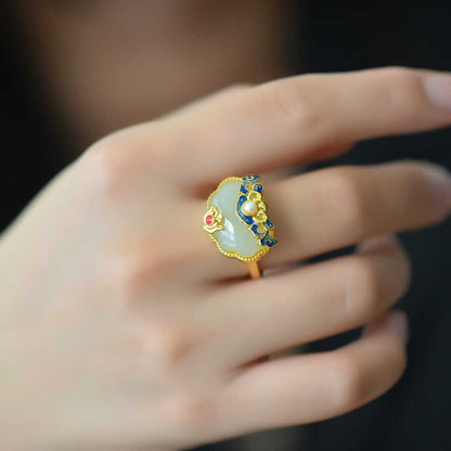 925 Silver Inlaid Blue Enamel & White Hetian Nephrite "Peace & Prosperity" Ring