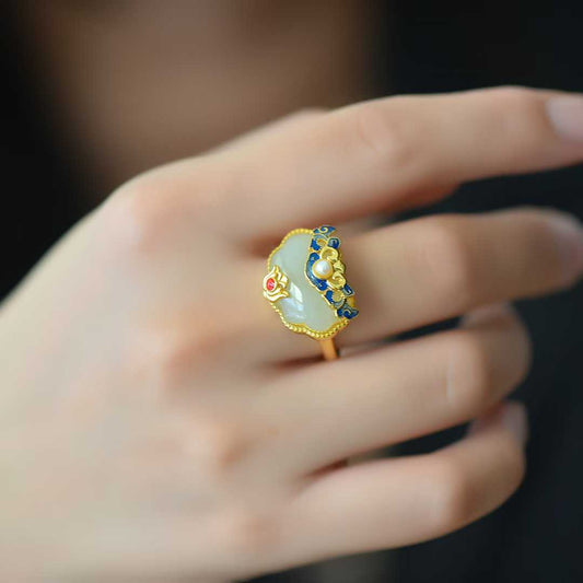925 Silver Inlaid Blue Enamel & White Hetian Nephrite "Peace & Prosperity" Ring