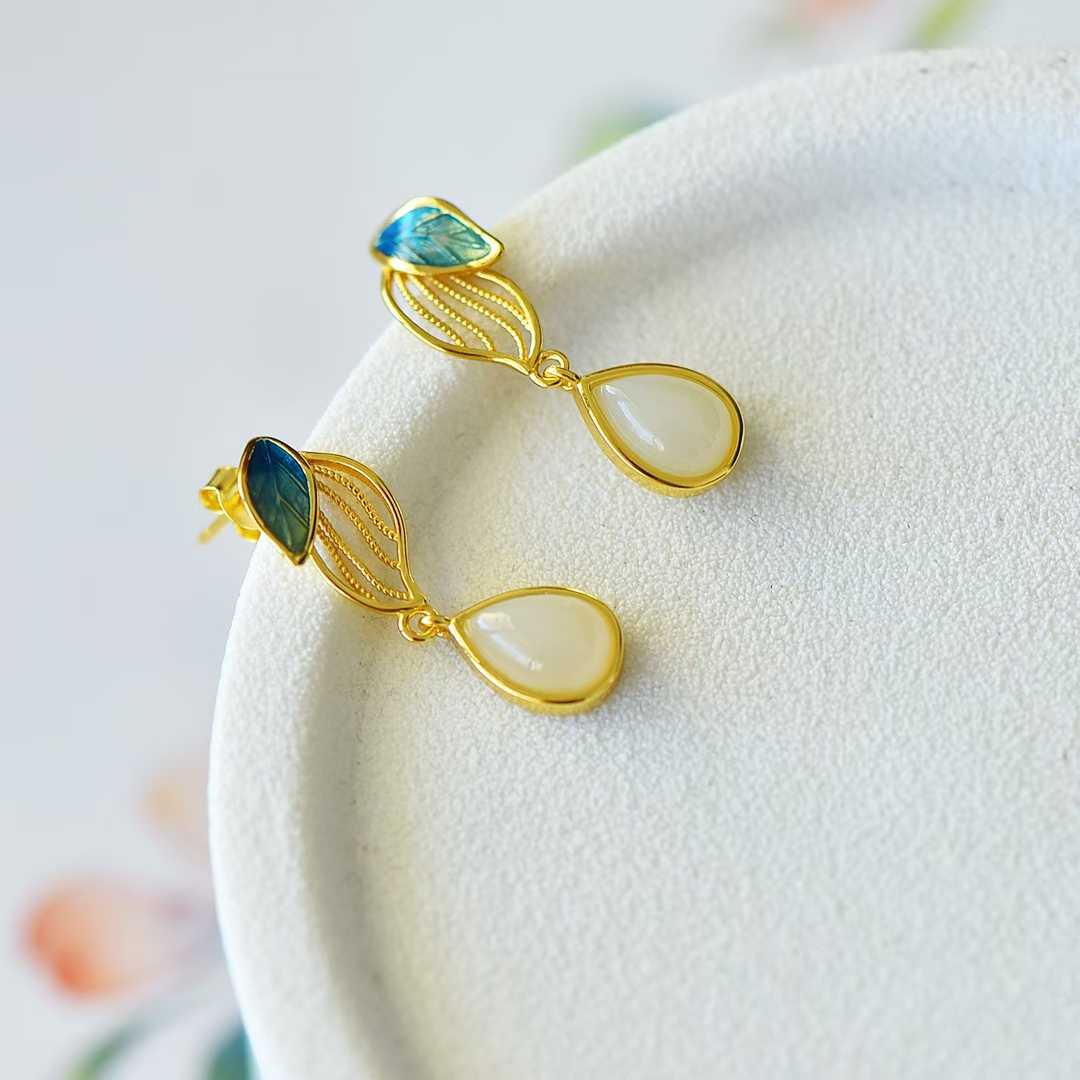 925 Silver Inlaid Hetian Nephrite "Golden Branch & Jade Leaf" Earrings