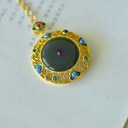 925 Silver Inlaid Hetian Nephrite "Peace Buckle & Ruyi" Pendant