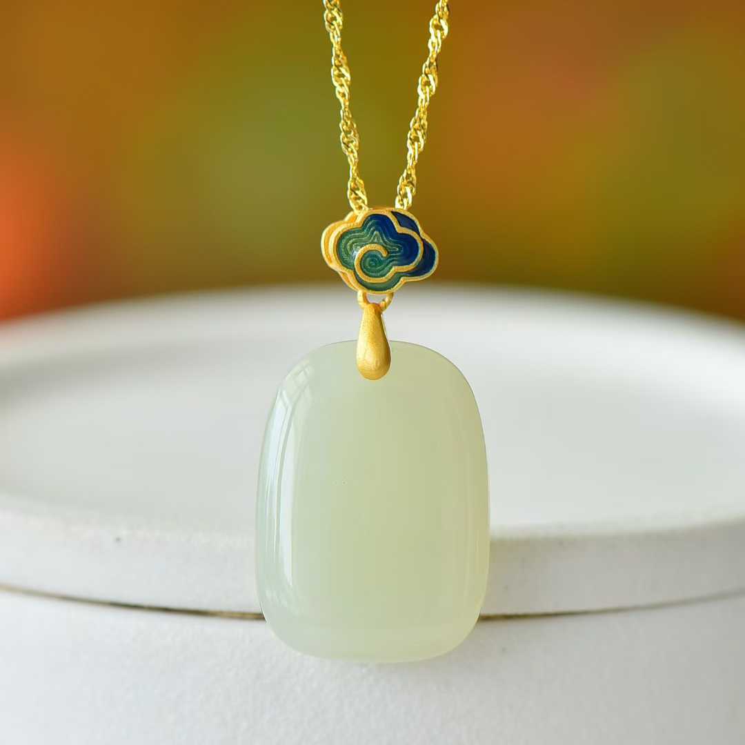 925 Silver-Inlaid Hetian Jade Enamel Pendant with "Ping'an Pai" (Peace Plaque) & "Ruyi" Design