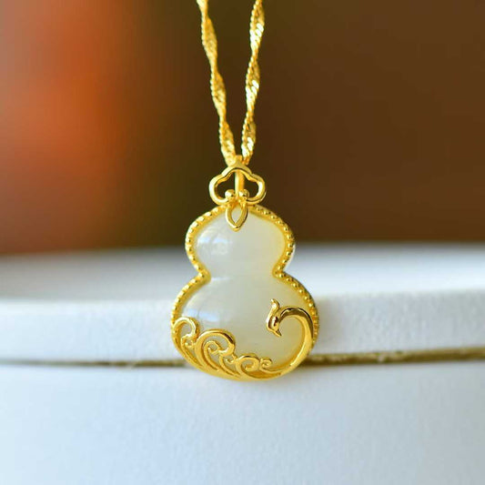 S925 Silver Inlaid Nephrite "Gourd & Phoenix" Pendant