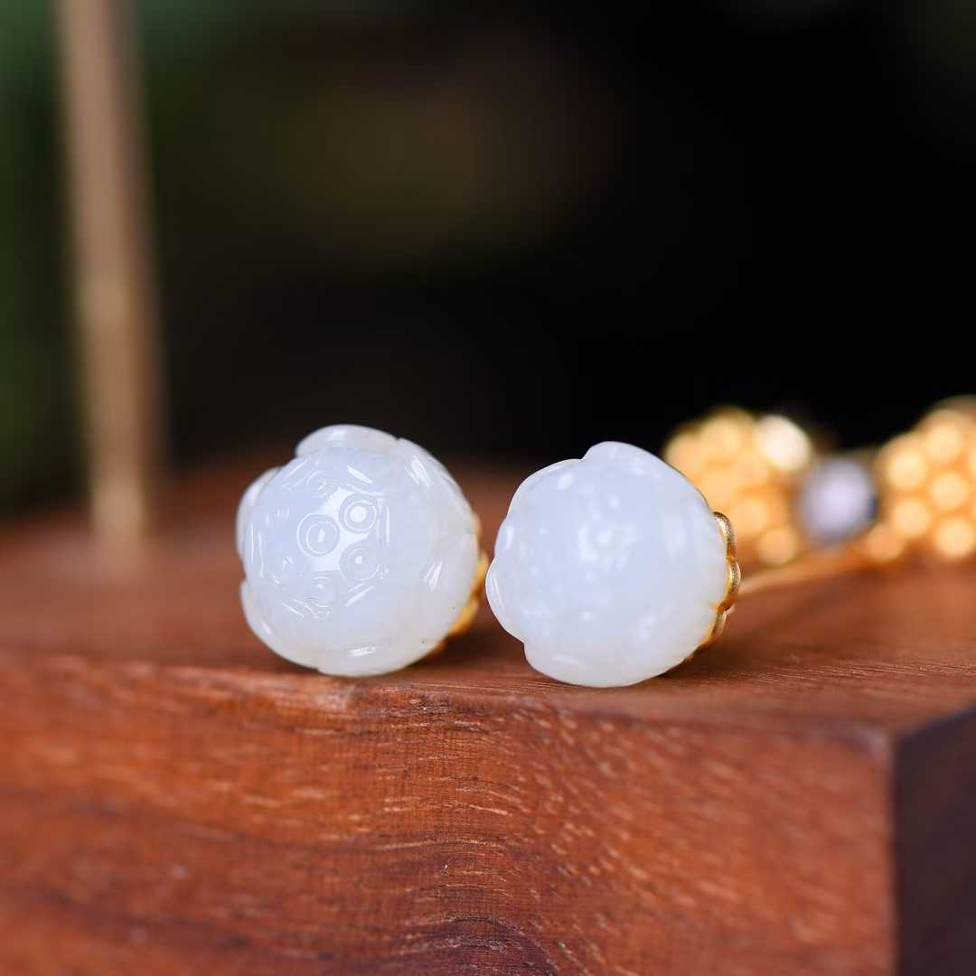 925 Silver Inlaid Nephrite Lotus Seed Pod Earrings